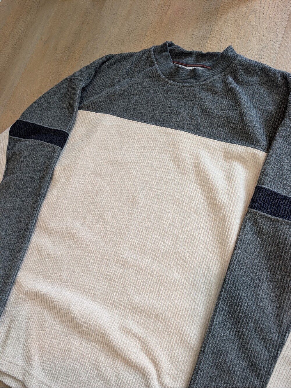 Point Zero Ribbed Knit Colorblock Sweater Grey Cream Y2K Retro Casual Mens XL